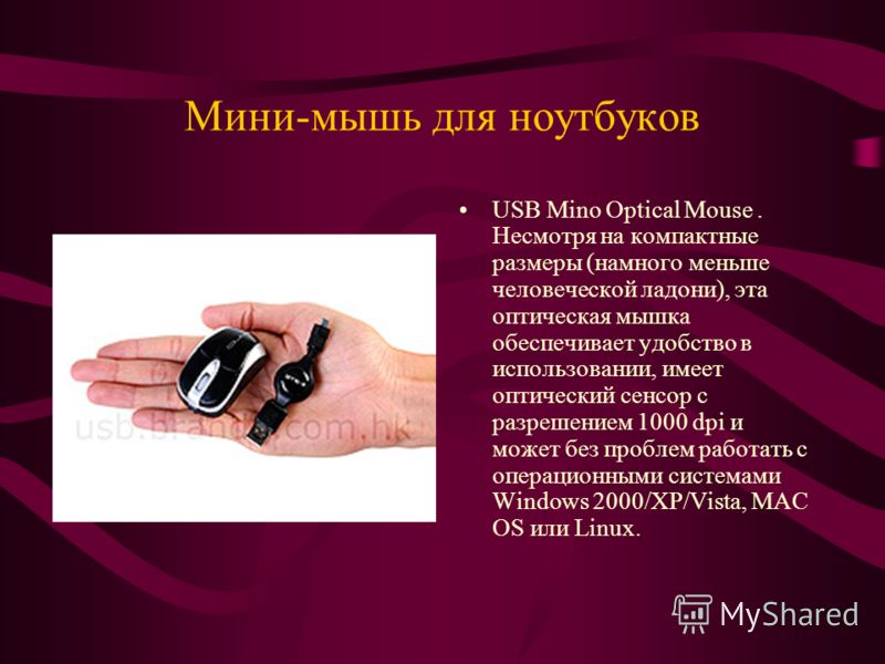 Мини-мышь для ноутбуков USB Mino Optical Mouse. Несмотря на компактные размеры (намного меньше человеческой ладони), эта оптическая мышка обеспечивает