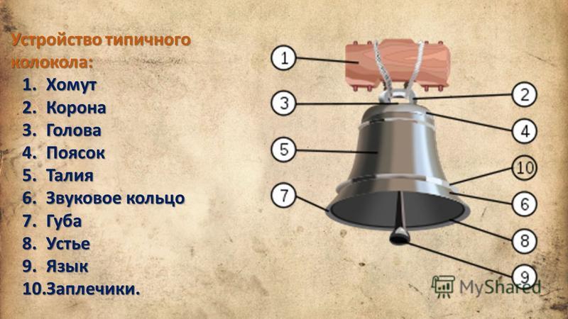 Устройство типичного колокола: 1. Хомут 2. Корона 3. Голова 4. Поясок 5. Талия 6. Звуковое кольцо 7. Губа 8. Устье 9. Язык 10.Заплечики.