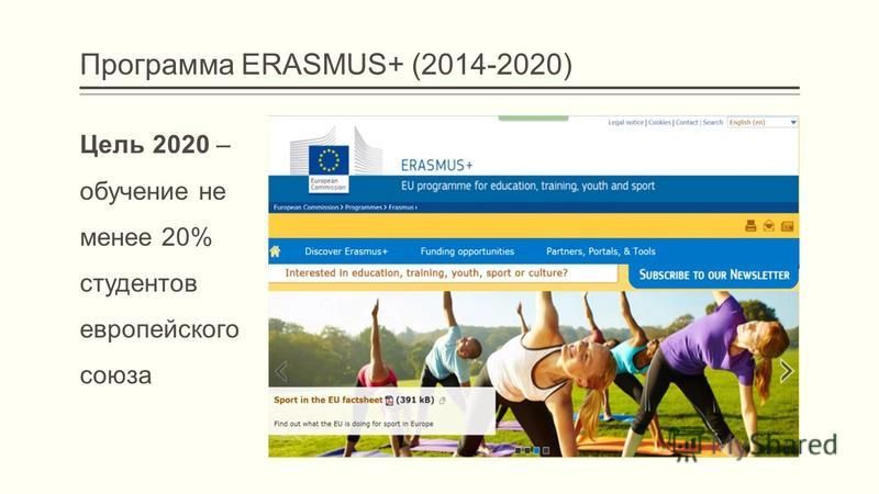 Программа ERASMUS+ (2014-2020) Цель 2020 – обучение не менее 20% студентов европейского союза