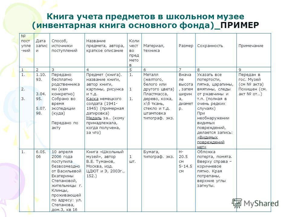 Книга Поступлений Музейных Предметов образец