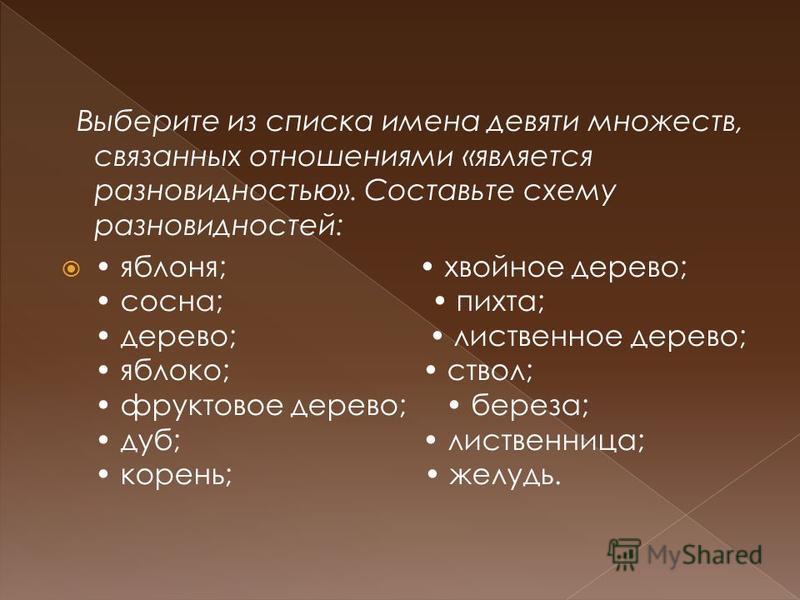 Презентация на тему: "Из двух множеств, связанных отношением "является разновидн