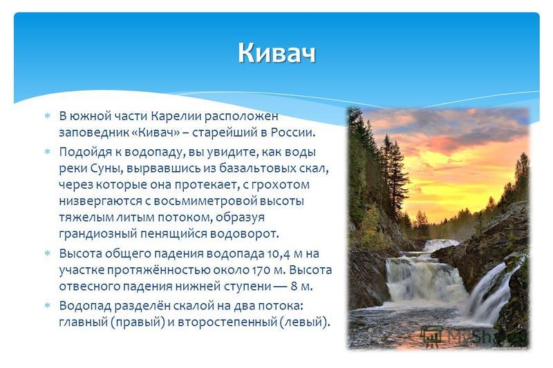 В южной части Карелии расположен заповедник «Кивач» – старейший в России. Подойдя к водопаду, вы увидите, как воды реки Суны, вырвавшись из базальтовых скал, через которые она протекает, с грохотом низвергаются с восьмиметровой высоты тяжелым литым п