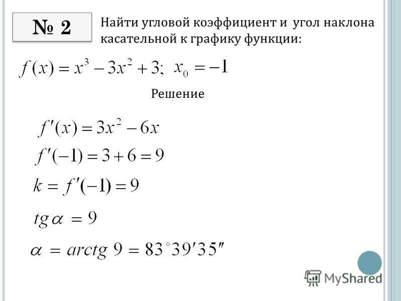 Найти угловой коэффициент и угол наклона касательной к графику функции: Решение 2 2