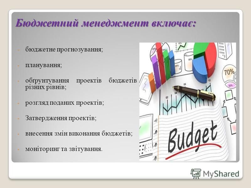 Бюджетний менеджмент включає: - бюджетне прогнозування; - планування; - обґрунтування проектів бюджетів різних рівнів; - розгляд поданих проектів; - Затвердження проектів; - внесення змін виконання бюджетів; - моніторинг та звітування.