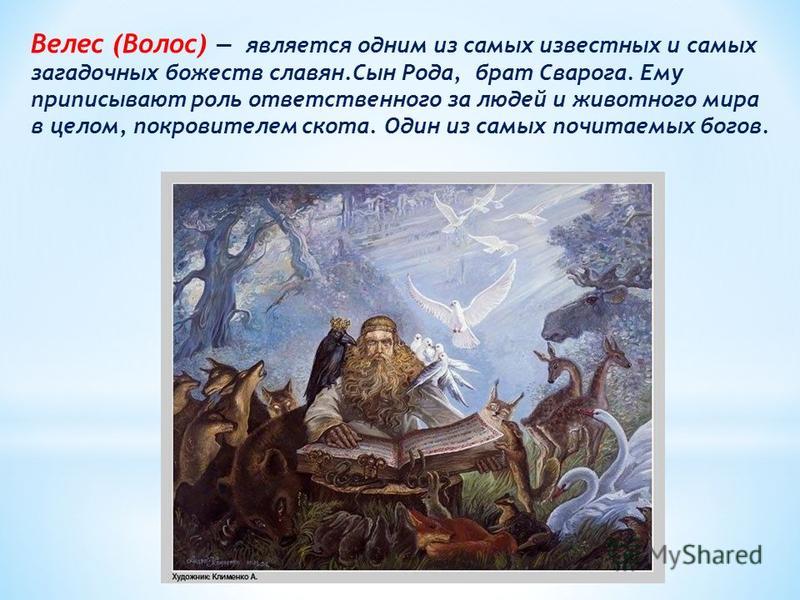 Велес (Волос) является одним из самых известных и самых загадочных божеств славян.Сын Рода, брат Сварога. Ему приписывают роль ответственного за людей и животного мира в целом, покровителем скота. Один из самых почитаемых богов.