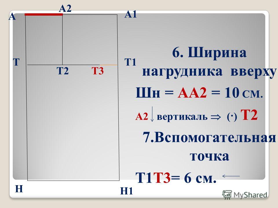 А А1 Т Н Т1 Н1 6. Ширина нагрудника вверху Шн = АА2 = 10 СМ. А2 вертикаль (·) Т2 7. Вспомогательная точка Т1Т3= 6 см. А2 Т3Т2