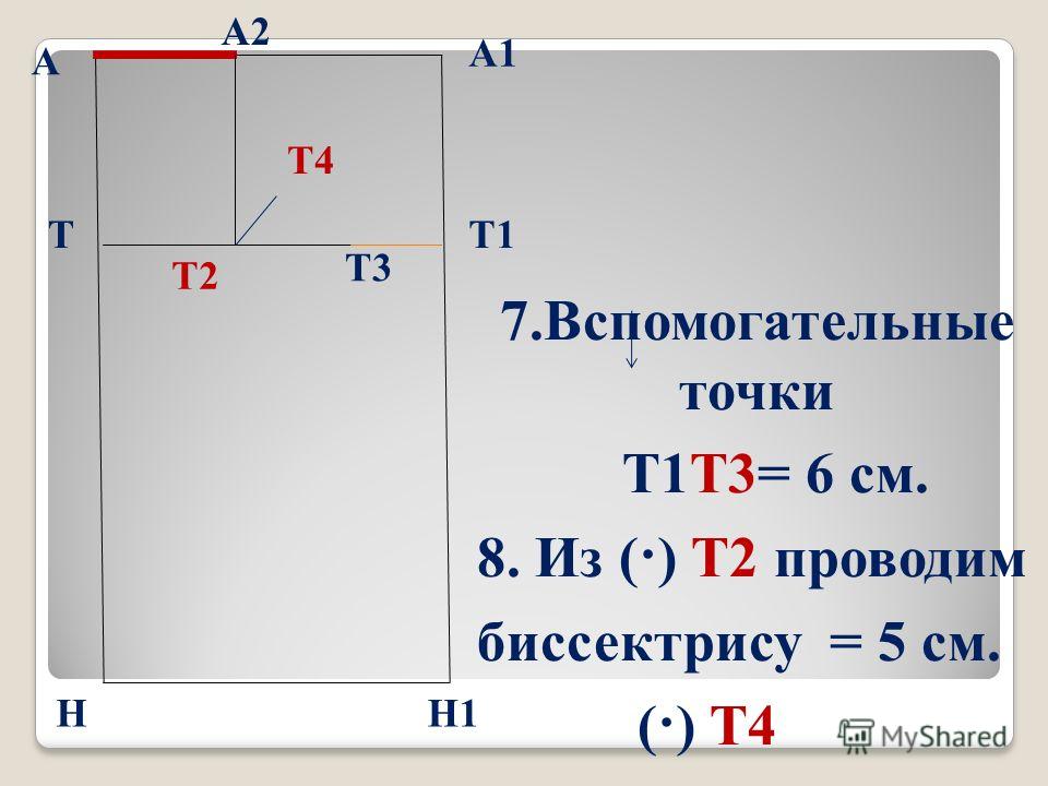 б А А1 Т Н Т1 Н1 7. Вспомогательные точки Т1Т3= 6 см. 8. Из (·) Т2 проводим биссектрису = 5 см. (·) Т4 А2 Т3 Т2 Т4