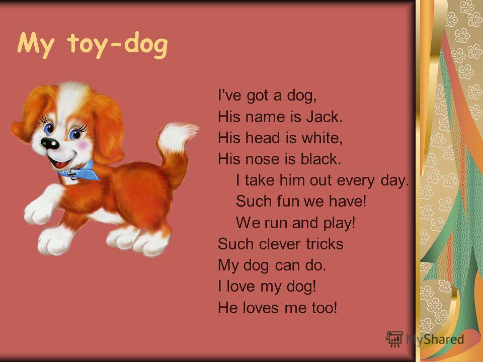 My toy-dog I've got a dog, His name is Jack. His head is white, His nose is black. I take him out every day. Such fun we have! We run and play! Such clever tricks My dog can do. I love my dog! He loves me too!