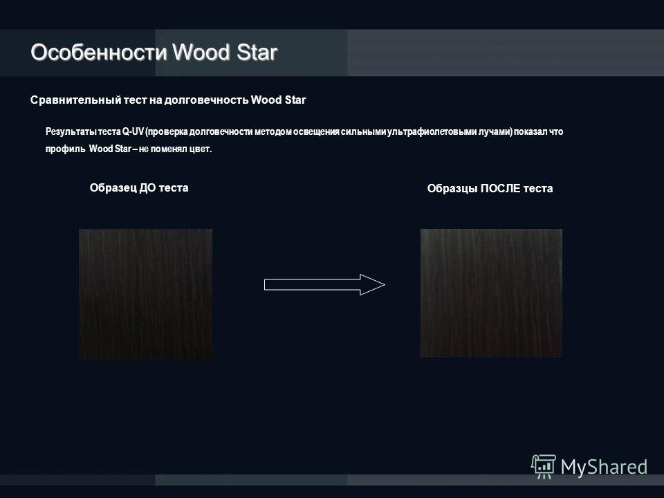 Результаты теста Q-UV (проверка долговечности методом освещения сильными ультрафиолетовыми лучами) показал что профиль Wood Star – не поменял цвет. Сравнительный тест на долговечность Wood Star Образец ДО теста Образцы ПОСЛЕ теста Особенности Wood St