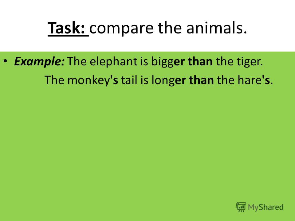 Task: compare the animals. Example: The elephant is bigger than the tiger. The monkey's tail is longer than the hare's.