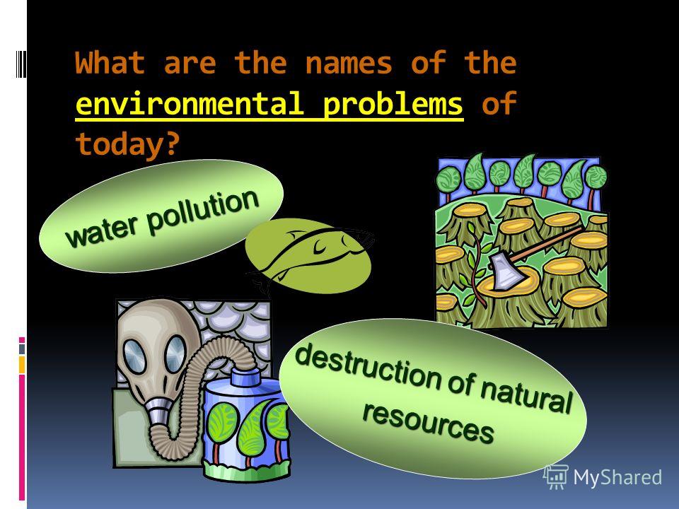 What are the names of the environmental problems of today? and acid rains (кислотные дожди) greenhouse effect (парниковый эффект) the ozone layer air pollution smog
