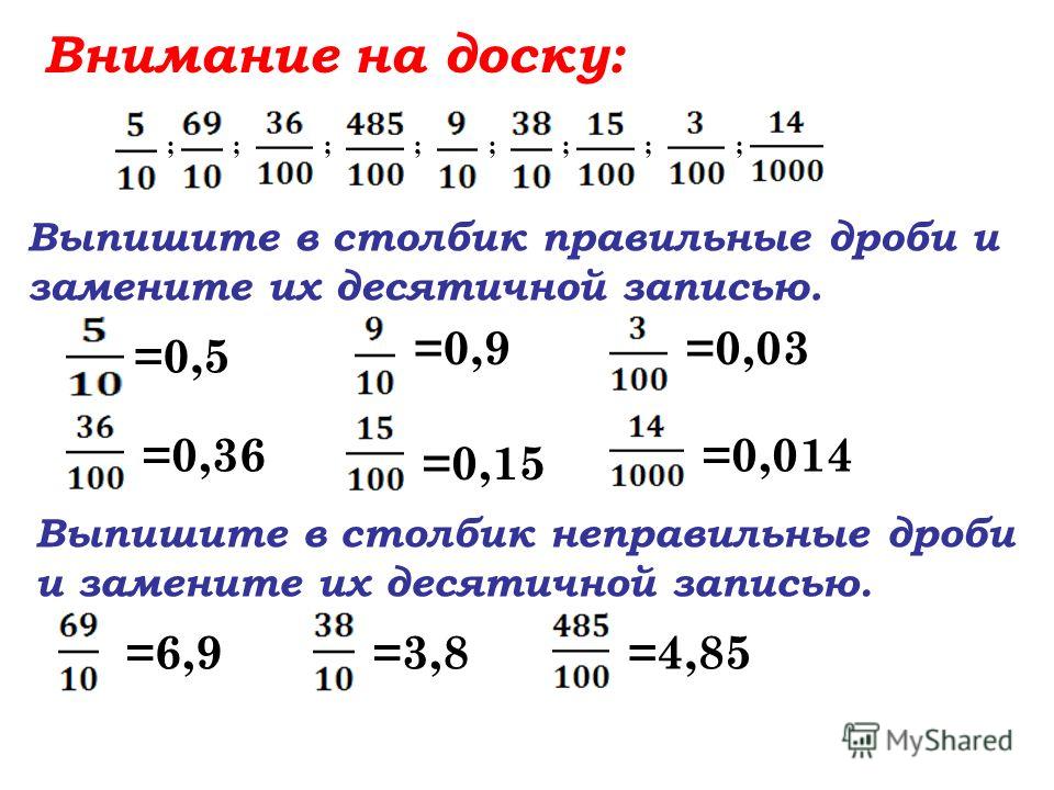 Выпишите в столбик правильные дроби и замените их десятичной записью. ;;;;;;;; Выпишите в столбик неправильные дроби и замените их десятичной записью. =0,5 =0,36 =0,9 =0,15 =0,03 =0,014 =6,9=3,8=4,85 Внимание на доску: