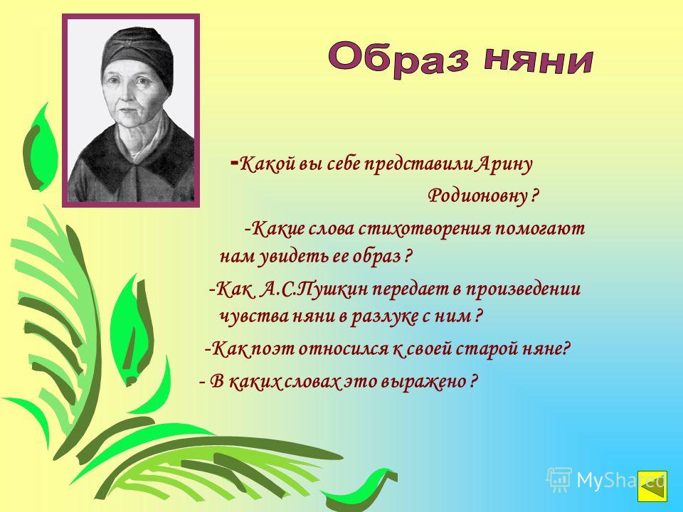 - Какой вы себе представили Арину Родионовну ? -Какие слова стихотворения помогают нам увидеть ее образ ? -Как А.С.Пушкин передает в произведении чувства няни в разлуке с ним ? -Как поэт относился к своей старой няне? - В каких словах это выражено ?