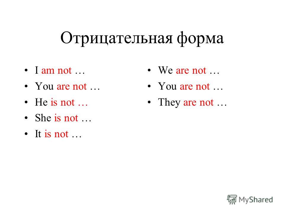 Отрицательная форма I am not … You are not … He is not … She is not … It is not … We are not … You are not … They are not …