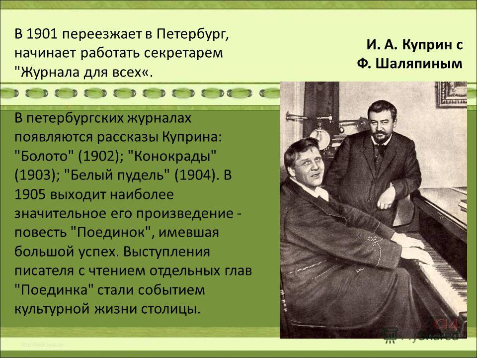 И. А. Куприн с Ф. Шаляпиным В 1901 переезжает в Петербург, начинает работать секретарем 