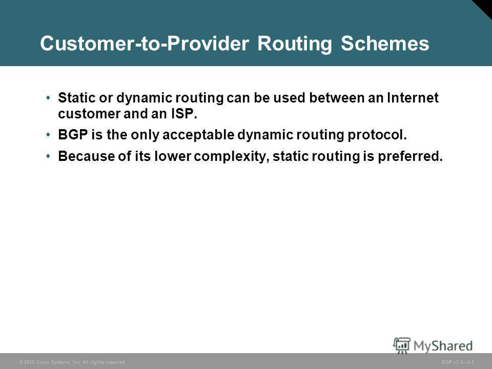 © 2005 Cisco Systems, Inc. All rights reserved. BGP v3.25-8 Static or dynamic routing can be used between an Internet customer and an ISP. BGP is the only acceptable dynamic routing protocol. Because of its lower complexity, static routing is preferr