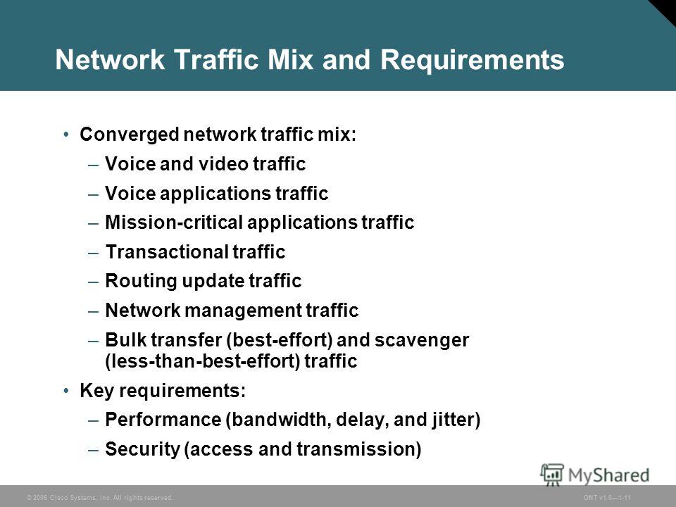 © 2006 Cisco Systems, Inc. All rights reserved.ONT v1.01-11 Network Traffic Mix and Requirements Converged network traffic mix: –Voice and video traffic –Voice applications traffic –Mission-critical applications traffic –Transactional traffic –Routin