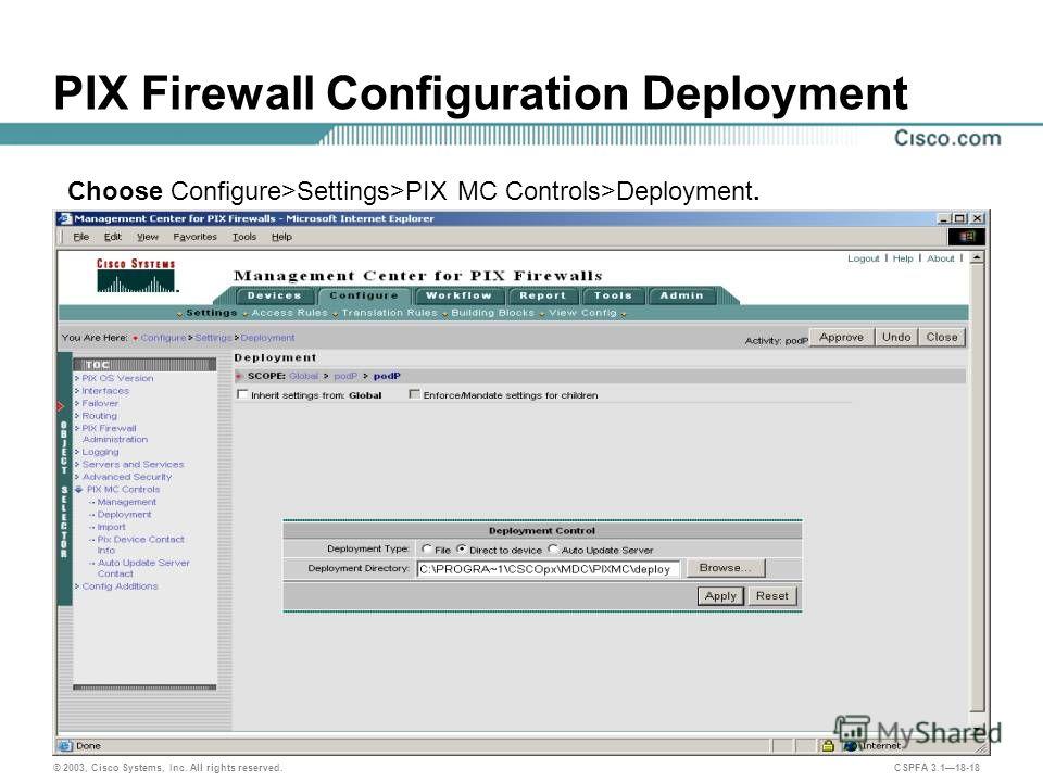 © 2003, Cisco Systems, Inc. All rights reserved. CSPFA 3.118-18 PIX Firewall Configuration Deployment Choose Configure>Settings>PIX MC Controls>Deployment.