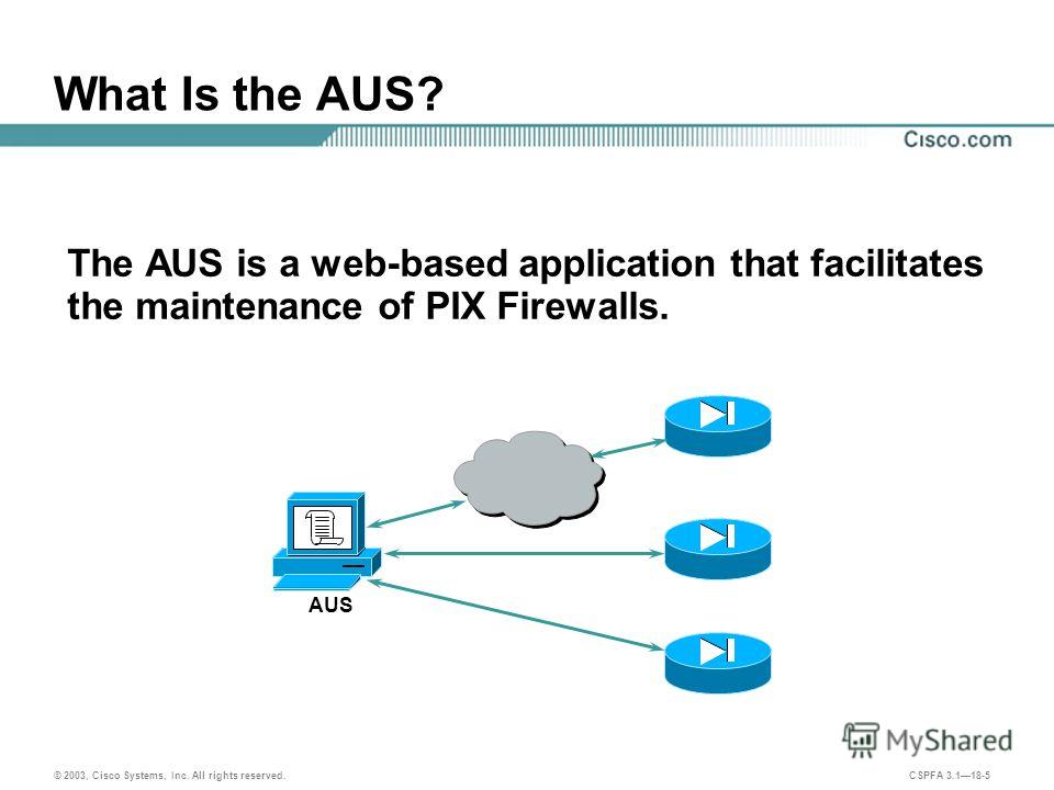 © 2003, Cisco Systems, Inc. All rights reserved. CSPFA 3.118-5 What Is the AUS? The AUS is a web-based application that facilitates the maintenance of PIX Firewalls. AUS