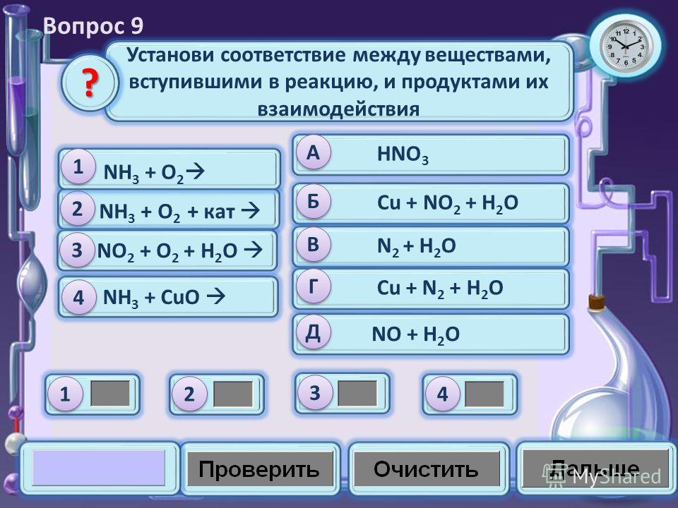 Установи соответствие между веществами, вступившими в реакцию, и продуктами их взаимодействия Вопрос 9 2 2 NO 2 + O 2 + H 2 O 3 3 NH 3 + CuO 4 4 1 1 NH 3 + O 2 NH 3 + O 2 + кат А А HNO 3 Б Б Cu + NO 2 + H 2 O В В N 2 + H 2 O Г Г Cu + N 2 + H 2 O Д Д 