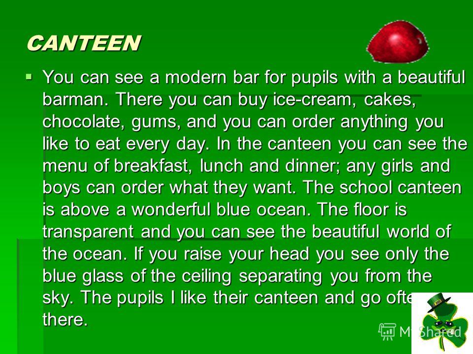 CANTEEN You can see a modern bar for pupils with a beautiful barman. There you can buy ice-cream, cakes, choco­late, gums, and you can order anything you like to eat every day. In the canteen you can see the menu of breakfast, lunch and dinner; any g