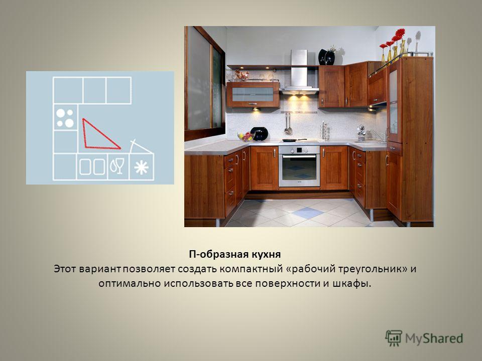 П-образная кухня Этот вариант позволяет создать компактный «рабочий треугольник» и оптимально использовать все поверхности и шкафы.