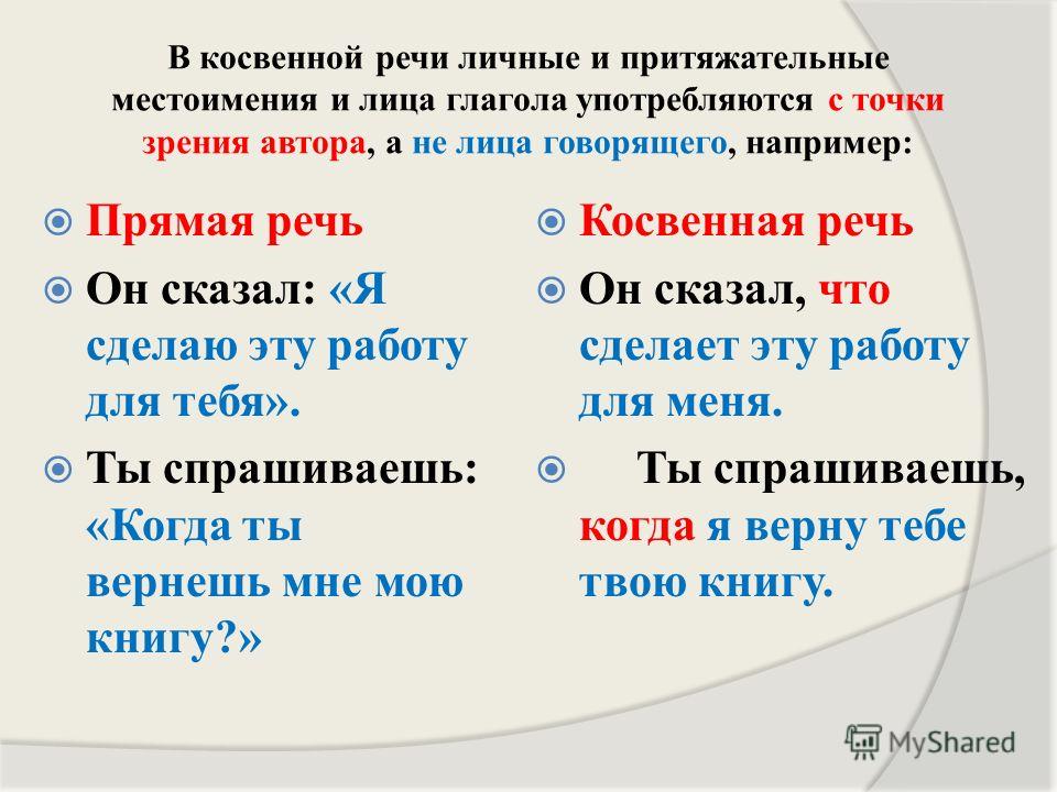 В косвенной речи личные и притяжательные местоимения и лица глагола употребляются с точки зрения автора, а не лица говорящего, например: Прямая речь Он сказал: «Я сделаю эту работу для тебя». Ты спрашиваешь: «Когда ты вернешь мне мою книгу?» Косвенна