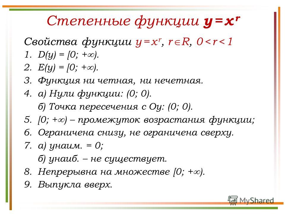 Степенные функции y = x r Свойства функции y = x r, r R, 0 < r < 1 1.D(у) = [0; + ). 2.E(у) = [0; + ). 3. Функция ни четная, ни нечетная. 4.а) Нули функции: (0; 0). б) Точка пересечения с Оу: (0; 0). 5.[0; + ) – промежуток возрастания функции; 6. Огр
