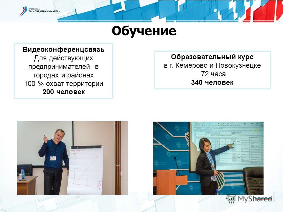 Обучение Видеоконференцсвязь Для действующих предпринимателей в городах и районах 100 % охват территории 200 человек Образовательный курс в г. Кемерово и Новокузнецке 72 часа 340 человек