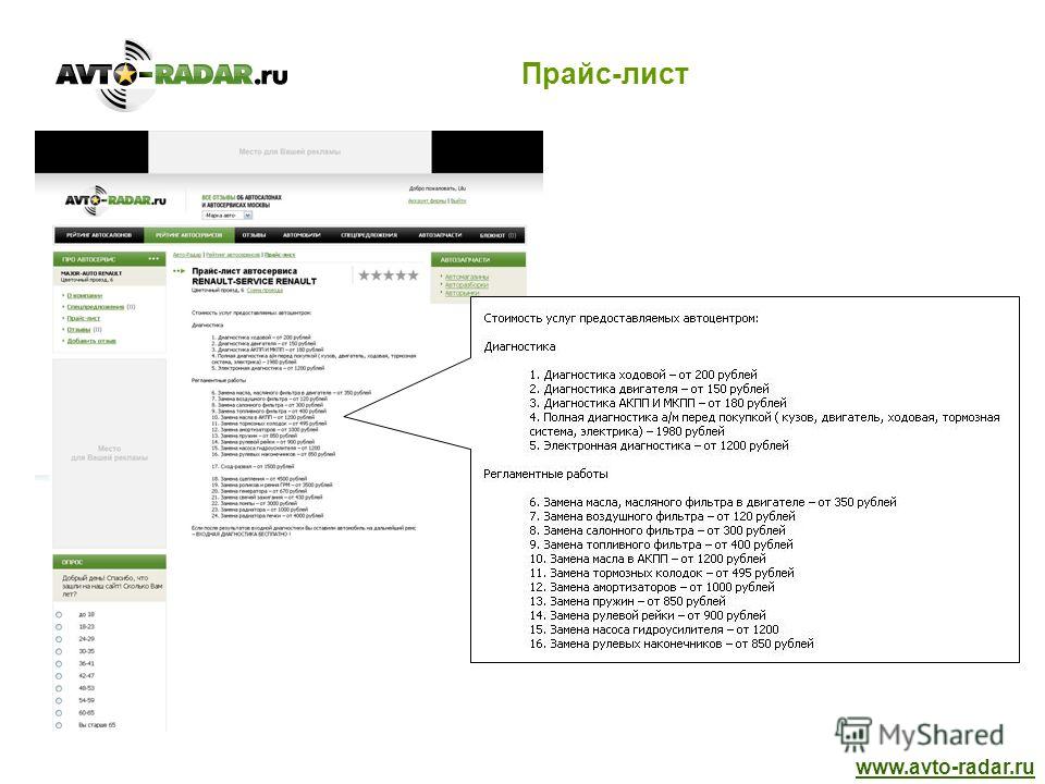 Прайс-лист www.avto-radar.ru