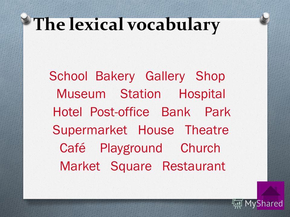 The lexical vocabulary School Bakery Gallery Shop Museum Station Hospital Hotel Post-office Bank Park Supermarket House Theatre Café Playground Church Market Square Restaurant
