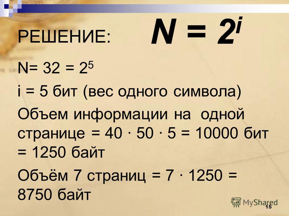 РЕШЕНИЕ: N= 32 = 2 5 i = 5 бит (вес одного символа) Объем информации на одной странице = 40 50 5 = 10000 бит = 1250 байт Объём 7 страниц = 7 1250 = 8750 байт N = 2 i 15
