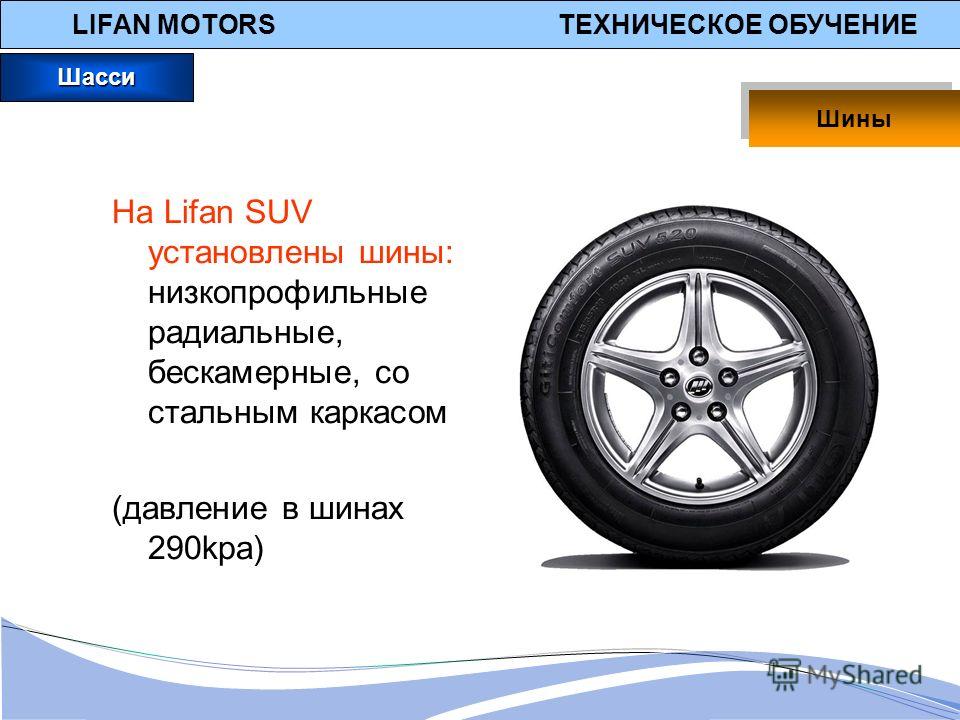 LIFAN MOTORS ТЕХНИЧЕСКОЕ ОБУЧЕНИЕ На Lifan SUV установлены шины: низкопрофильные радиальные, бескамерные, со стальным каркасом (давление в шинах 290kpa) Шасси Шины