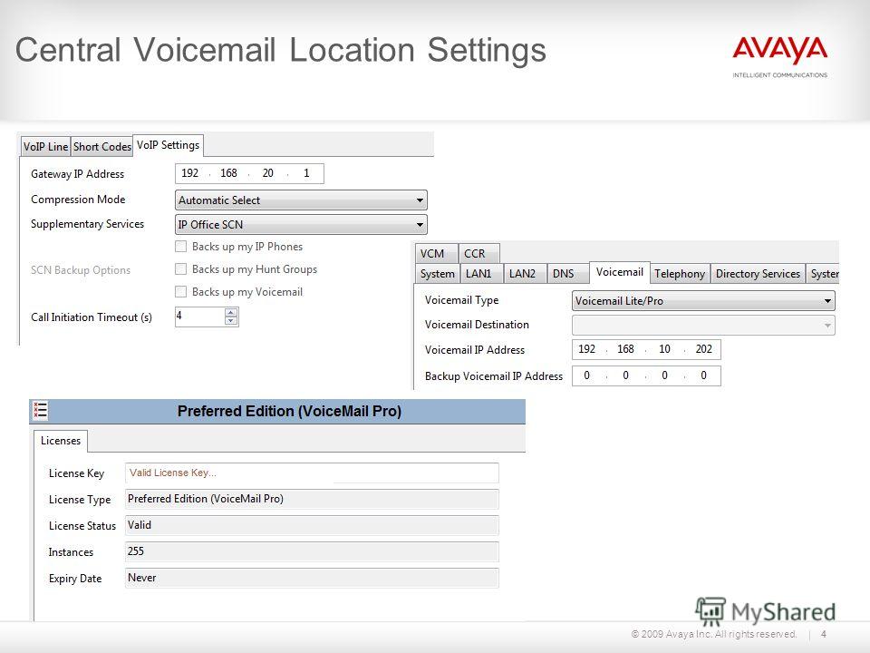 © 2009 Avaya Inc. All rights reserved. Central Voicemail Location Settings 4
