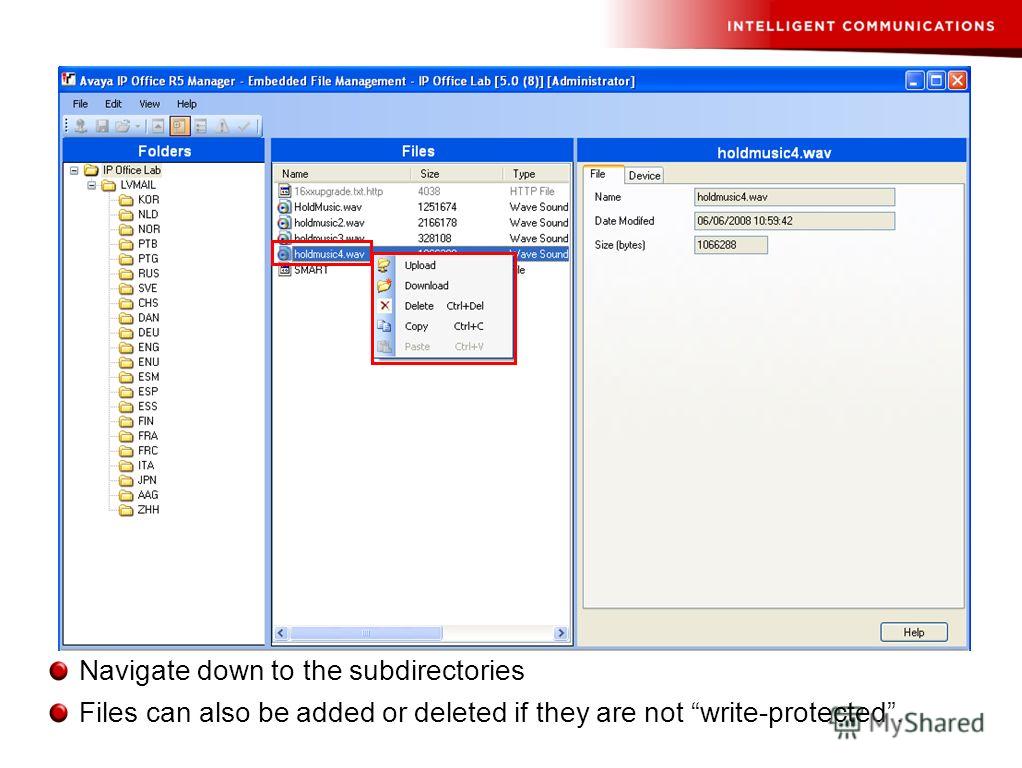 Navigate down to the subdirectories Files can also be added or deleted if they are not write-protected.