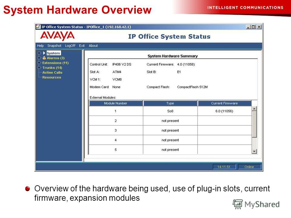 Overview of the hardware being used, use of plug-in slots, current firmware, expansion modules System Hardware Overview