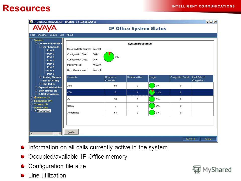 Information on all calls currently active in the system Occupied/available IP Office memory Configuration file size Line utilization Resources