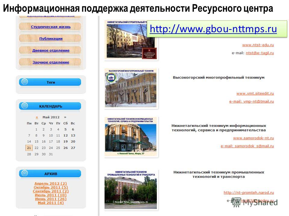 Информационная поддержка деятельности Ресурсного центра http://www.gbou-nttmps.ru