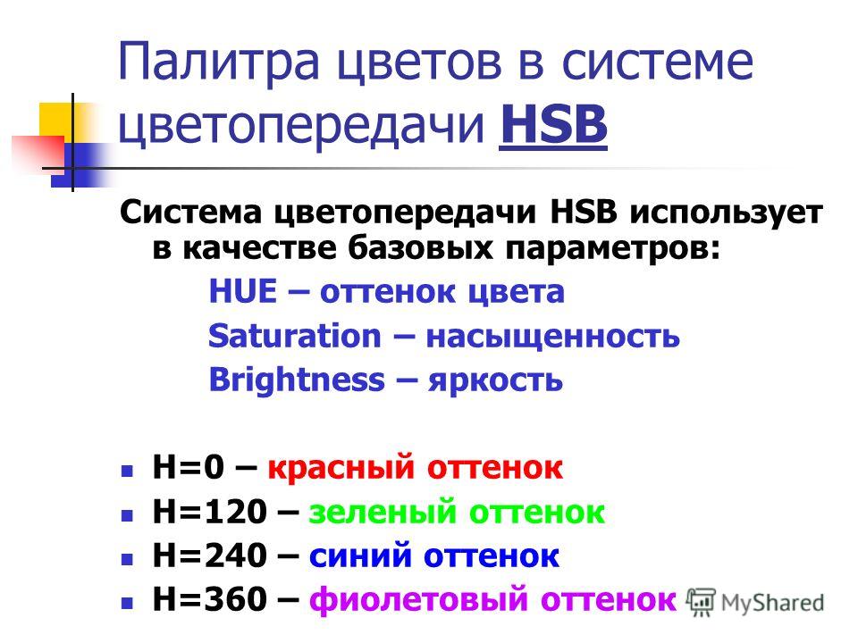 Палитра цветов в системе цветопередачи HSB Система цветопередачи HSB использует в качестве базовых параметров: HUE – оттенок цвета Saturation – насыщенность Brightness – яркость Н=0 – красный оттенок Н=120 – зеленый оттенок Н=240 – синий оттенок Н=36