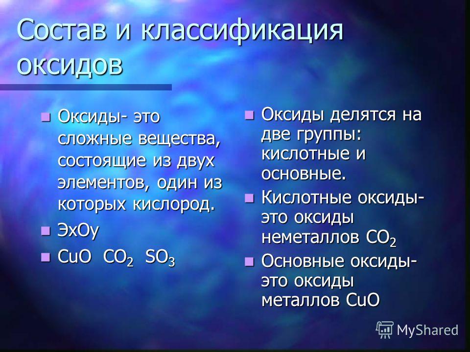 Состав и классификация оксидов Оксиды- это сложные вещества, состоящие из двух элементов, один из которых кислород. Оксиды- это сложные вещества, состоящие из двух элементов, один из которых кислород. ЭxОy ЭxОy CuO CO 2 SO 3 CuO CO 2 SO 3 Оксиды деля