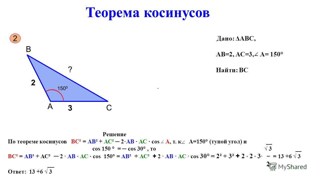 Теорема косинусов 2 С В А 3 ? 2 Дано: ΔАВС, АВ=2, АС=3, А= 150° Найти: ВС Решение По теореме косинусов ВС² = АВ² + АС² 2 АВ АС соs А, т. к А=150° (тупой угол) и __ соs 150 ° = соs 30°, то 3 __ ВС² = АВ² + АС² 2 АВ АС соs 150° = АВ² + АС² + 2 АВ АС со
