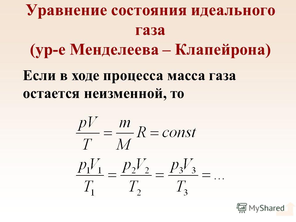 Уравнение состояния идеального газа (ур-е Менделеева – Клапейрона) Если в ходе процесса масса газа остается неизменной, то