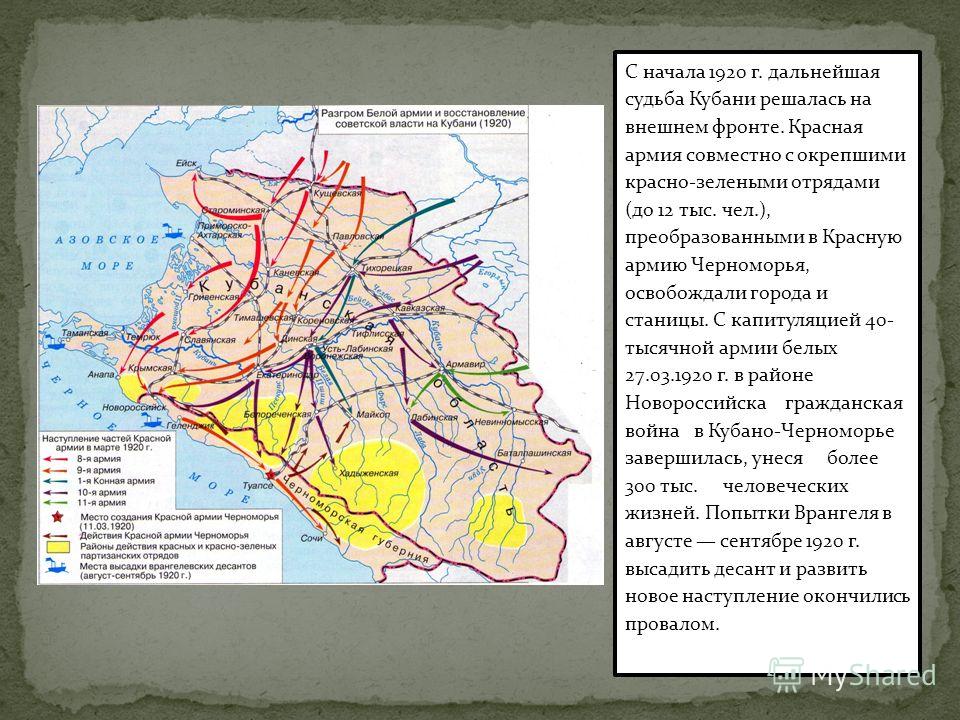 С начала 1920 г. дальнейшая судьба Кубани решалась на внешнем фронте. Красная армия совместно с окрепшими красно-зелеными отрядами (до 12 тыс. чел.), преобразованными в Красную армию Черноморья, освобождали города и станицы. С капитуляцией 40- тысячн