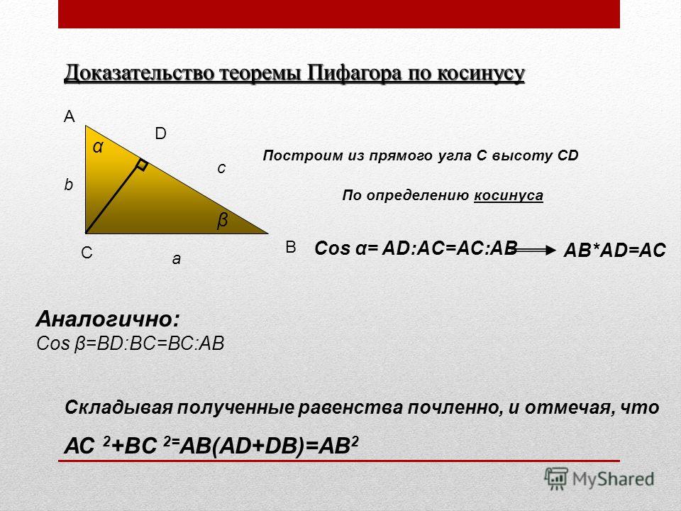 Доказательство теоремы Пифагора по косинусу Построим из прямого угла С высоту СD По определению косинуса Cos α= AD:AC=AC:AB AB*AD=AC Аналогично: Cos β=BD:BC=BC:AB Складывая полученные равенства почленно, и отмечая, что АС 2 +BС 2= AB(AD+DB)=AB 2 C a 