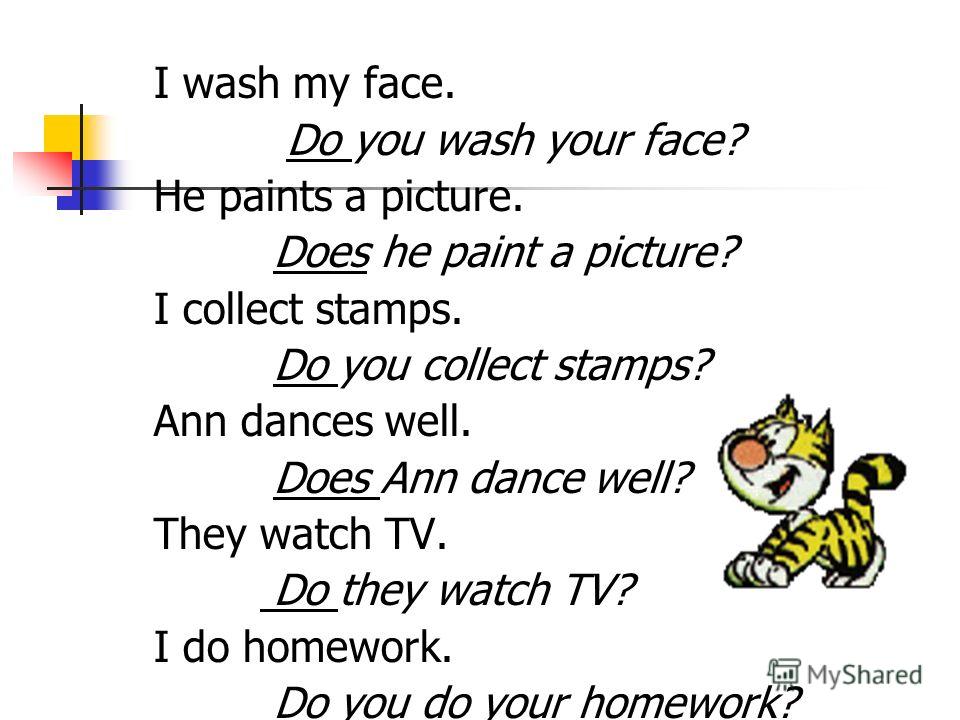 I wash my face. Do you wash your face? He paints a picture. Does he paint a picture? I collect stamps. Do you collect stamps? Ann dances well. Does Ann dance well? They watch TV. Do they watch TV? I do homework. Do you do your homework?