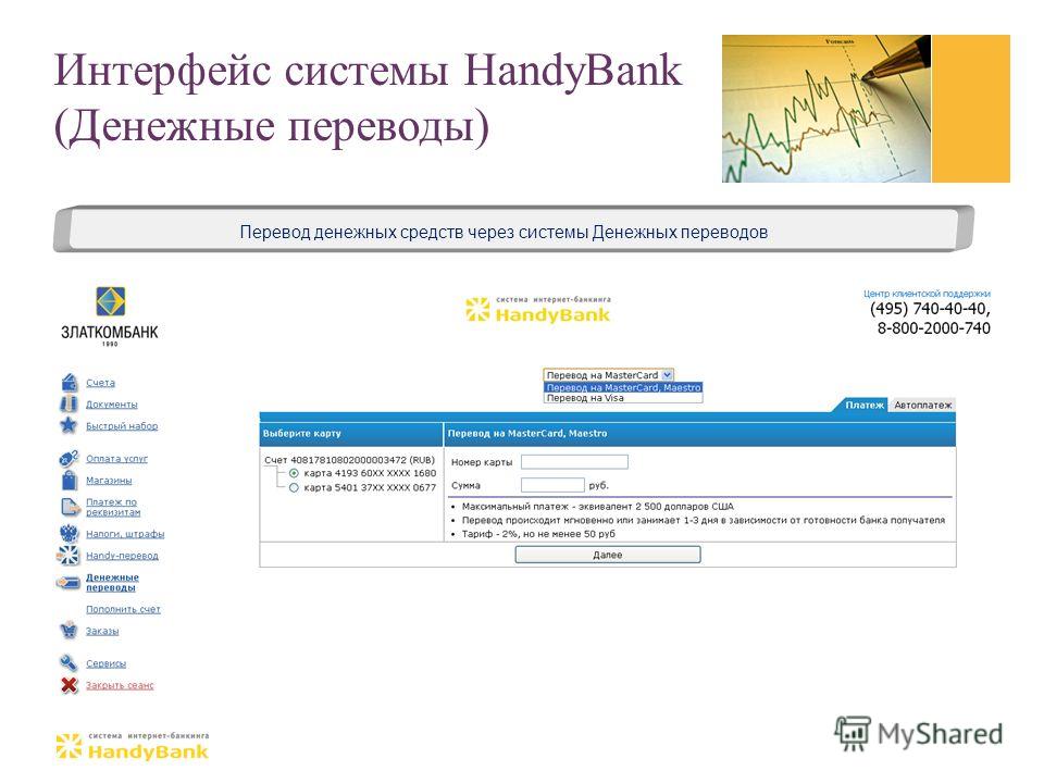 Интерфейс системы HandyBank (Денежные переводы) Перевод денежных средств через системы Денежных переводов