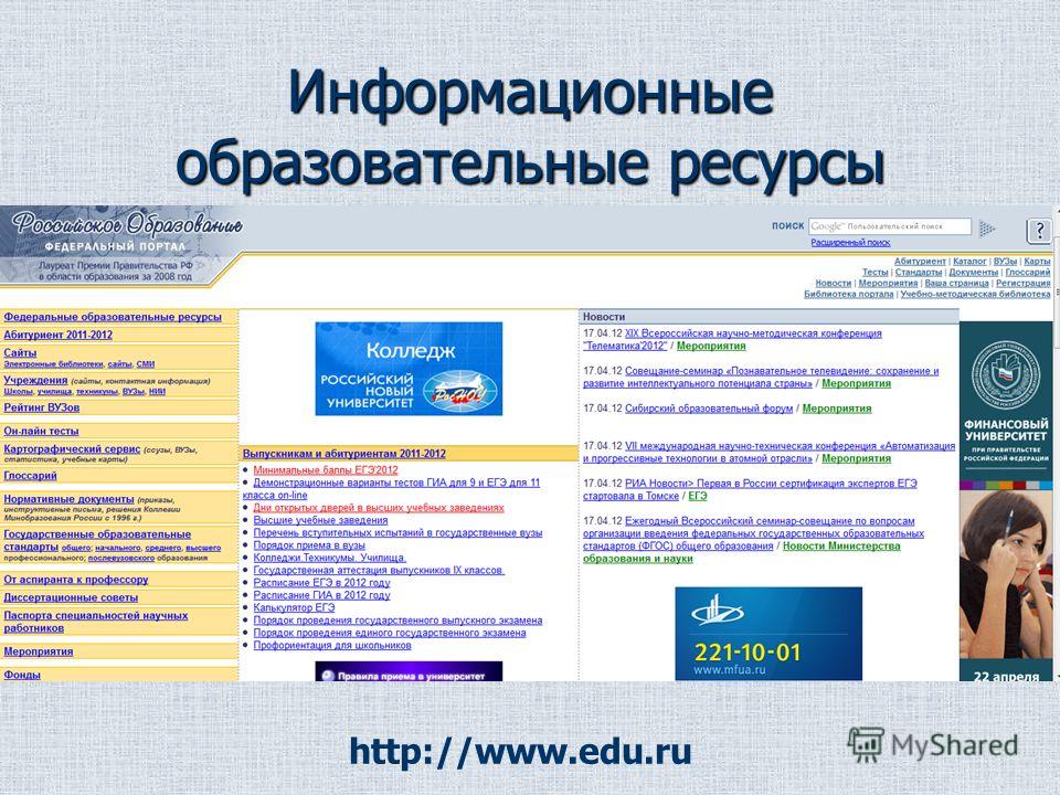 Информационные образовательные ресурсы http://www.edu.ru