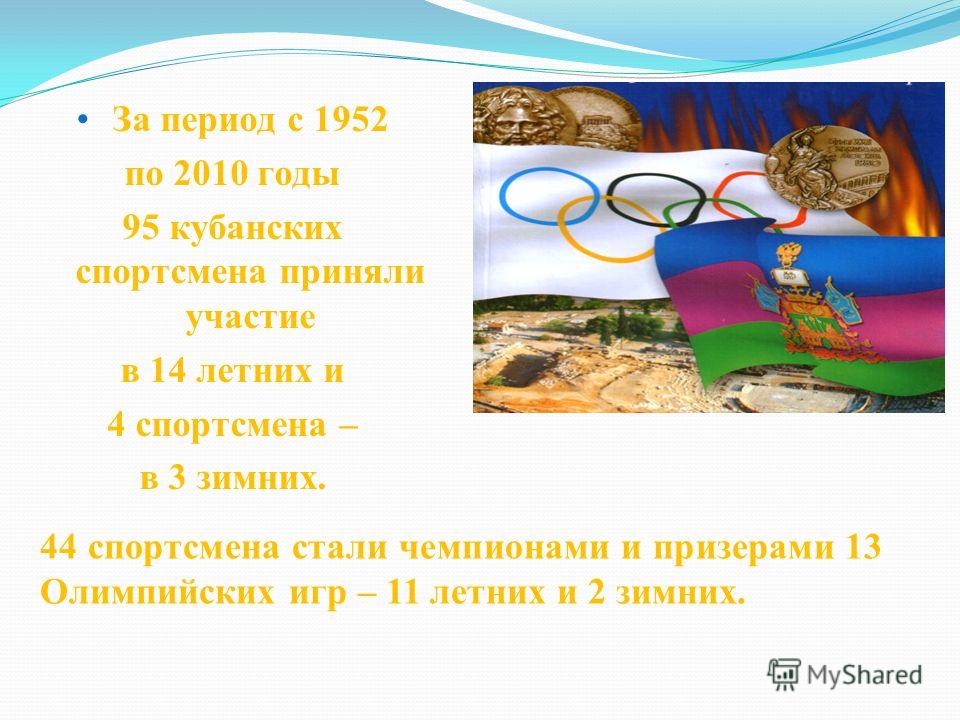 За период с 1952 по 2010 годы 95 кубанских спортсмена приняли участие в 14 летних и 4 спортсмена – в 3 зимних. 44 спортсмена стали чемпионами и призерами 13 Олимпийских игр – 11 летних и 2 зимних.