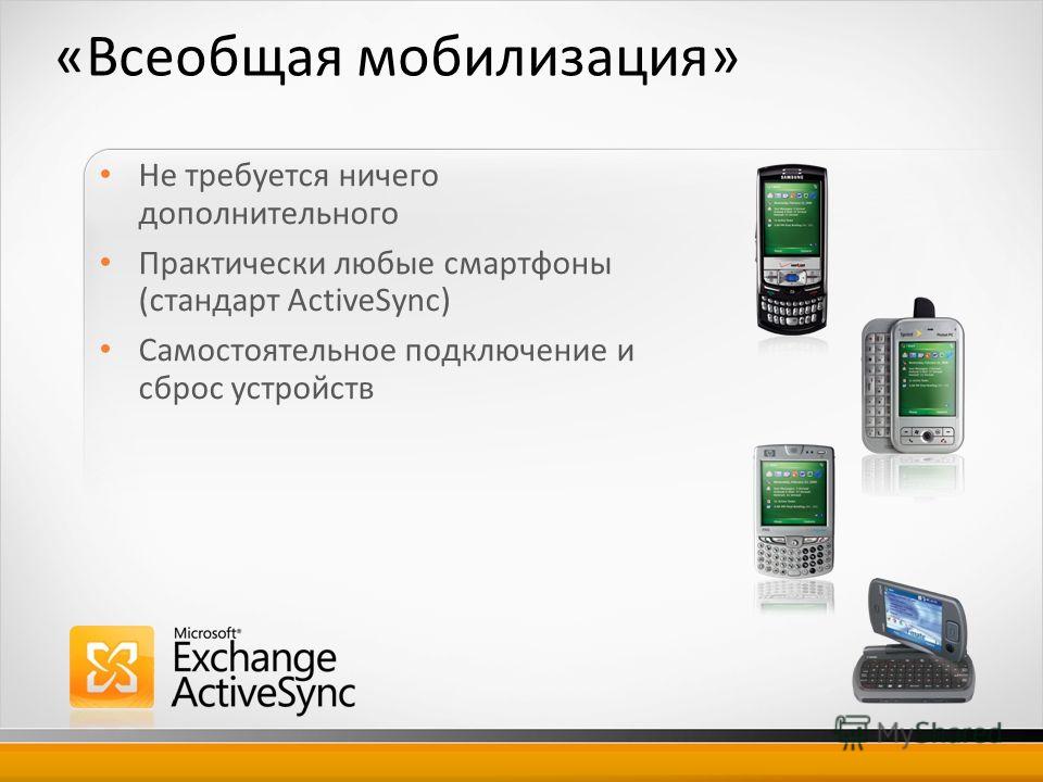 «Всеобщая мобилизация» Не требуется ничего дополнительного Практически любые смартфоны (стандарт ActiveSync) Самостоятельное подключение и сброс устройств