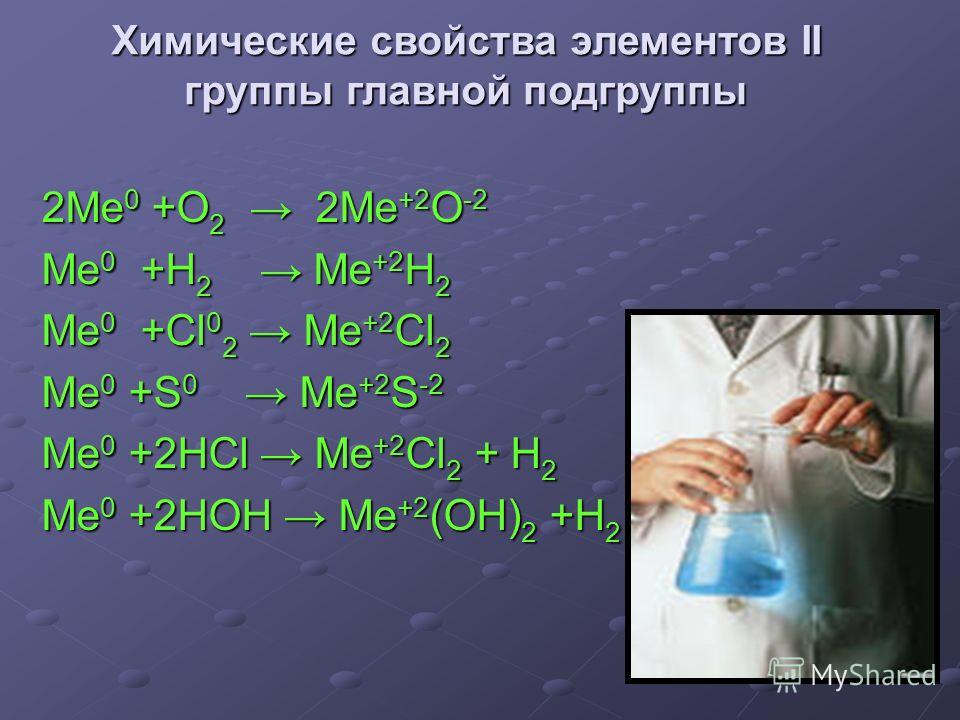 2Me 0 +O 2 2Me +2 O -2 Me 0 +H 2 Me +2 H 2 Me 0 +Cl 0 2 Me +2 Cl 2 Me 0 +S 0 Me +2 S -2 Me 0 +2HCl Me +2 Cl 2 + H 2 Me 0 +2HOH Me +2 (OH) 2 +Н 2 Химические свойства элементов II группы главной подгруппы Химические свойства элементов II группы главной